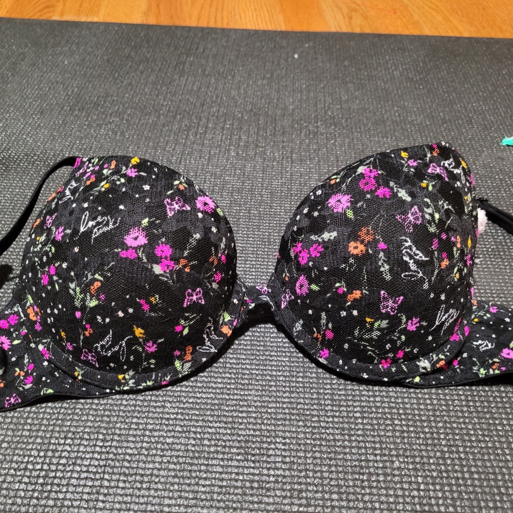 PINK Victoria's Secret Black Bra with Floral Design